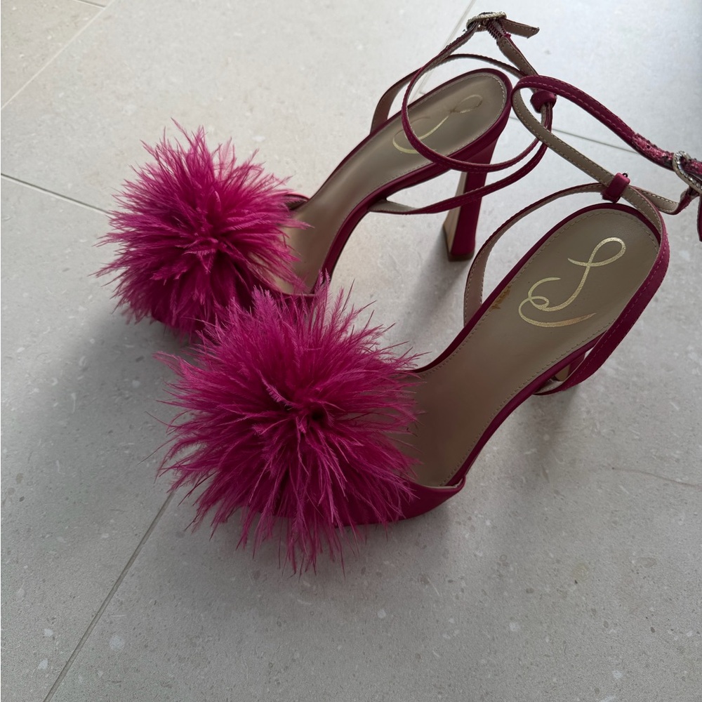 Sam Edelman Fuchsia Feather Pom Open-Toe Heels